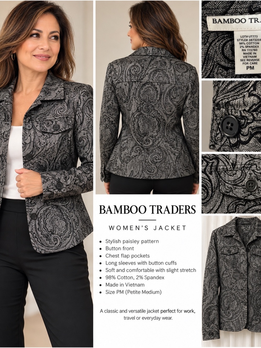 Bamboo Traders Paisley Jacket Petite Medium PM Gray Black Button Front